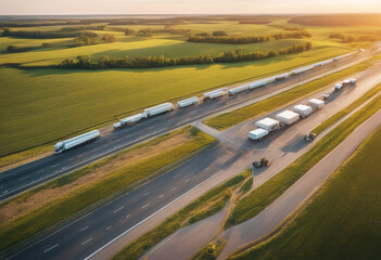 Wall Mural - 'cargo convoys higthway delivery trucks green sunset asphalt driving road aerial seen fields air view photography landscape drone trucking truck transportation logistic highway commercial'