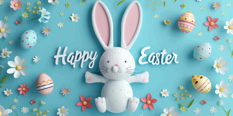 Wall Mural - a bunny sitting in front of a blue background with flowers and eggs