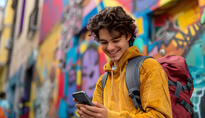 Young Man Checking Cell Phone While Wearing Backpack. Generative AI