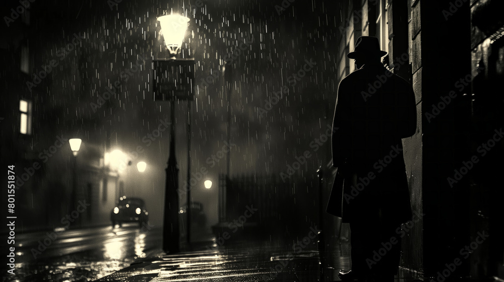 A vintage film noir scene with a detective in a trench coat ...