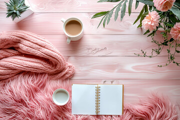 Pink blanket is on a wooden table with a cup of coffee and a notebook. Concept of relaxation and comfort