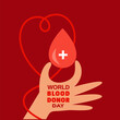 Blood donation medical vector poster concept. World Blood Donor Day icon. Human hand, red drop transfusion medical symbol design element illustration. Save life treatment banner template background