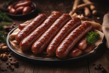 Wall Mural - 'sausage closeup cold meal pepper natural spice delicious red snack jerky preserved chorizo epicure garlic traditional pork meat tasty smoked cut deli set wooden background fresh board spicey sliced'