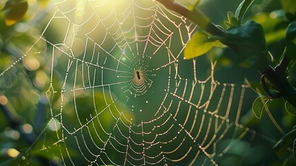 A close-up of a spider web catching dewdrops in the morning light, with a spider perched in the center.