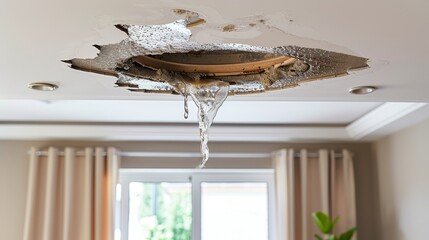 Wall Mural -  Damaged ceiling with a potted plant in the corner; Broken ceiling fan dangles from the ceiling
