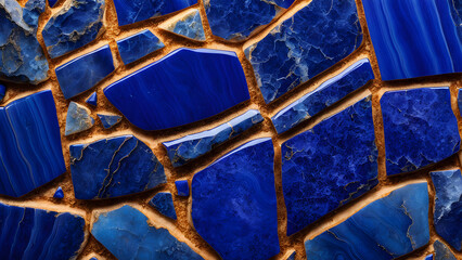 A blue stone wall with a gold border