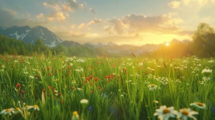 Wall Mural - A lush green meadow teeming with wildflowers bathed in the warm glow of a summer sunset.