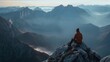 A solo traveler sitting atop a mountain peak, gazing at the breathtaking vista below.