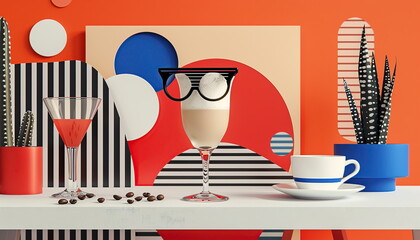 Wall Mural - Stylish still life with colorful geometric background, modern design featuring glasses and a cup