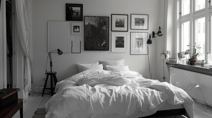 Wall Mural - A minimalist bedroom featuring a low platform bed, crisp white linens, and a gallery wall of black-and-white photographs.