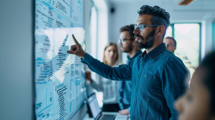 a teacher leading a software coding workshop, pointing at a whiteboard with complex code snippets an