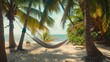 Couples relaxing in hammocks strung between palm trees on a secluded tropical beach.