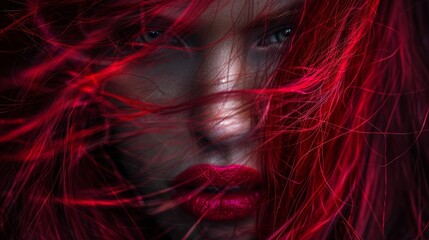 Wall Mural -   A tight shot of a red-haired woman's face with wind rustling through her locks and makeup applied