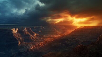 Wall Mural - The dramatic play of light and shadow over a rocky canyon during a thunderstorm