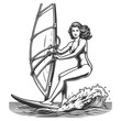 Pin-up girl vintage woman windsurfing, her hair flowing with wind sketch engraving generative ai fictional character vector illustration. Scratch board imitation. Black and white image.