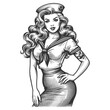glamorous pin-up girl in a sailor hat exuding charm and a playful nautical theme sketch engraving generative ai fictional character vector illustration. Scratch board imitation. Black and white image.