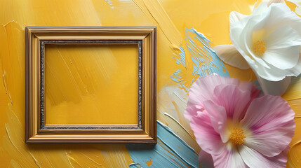 Wall Mural - Artistic Composition: White and Pink Blossoms with Vintage Frame on a Golden Textured Canvas