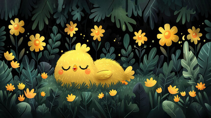 Poster -   A vibrant yellow bird slumbers amidst a sea of golden blossoms against a lush green backdrop