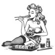 woman eat sushi roll, combining retro style with pleasure of Japanese cuisine sketch engraving generative ai fictional character vector illustration. Scratch board imitation. Black and white image.