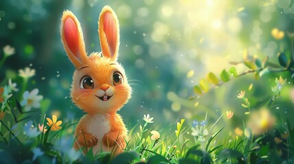 Poster -   Rabbit in Grass Field with Daisies