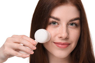 Canvas Print - Washing face. Young woman with cleansing brush on white background, closeup