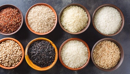 Wall Mural - assortment of raw rice in bowls on a dark background view from above