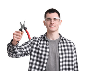 Wall Mural - Young man holding pliers on white background