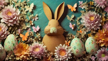 Wall Mural - easter banner background featuring a festive holiday greeting crafted in a delightful paper cut 3d style the scene is adorned with cheerful a bunny vibrant flowers and eggs ai generated