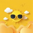 Graphical 3d  summer wallpaper with sun in sunglasses and clouds on yellow background, AI 