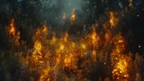   A hazy image of a forest ablaze with numerous yellow flames and water specks covering its surface