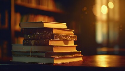 Wall Mural - stack of books in the library and blur background