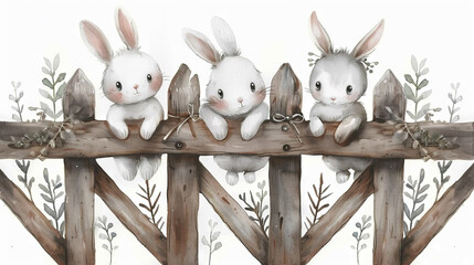 Sticker -   A trio of rabbits perched atop a wooden railing amidst verdant foliage beyond