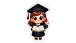 © Enigma - Adorable cartoon sticker illustration of a young girl dressed in a graduation gown and cap, holding an open book and waving cheerfully, perfect for educational themes and celebrations