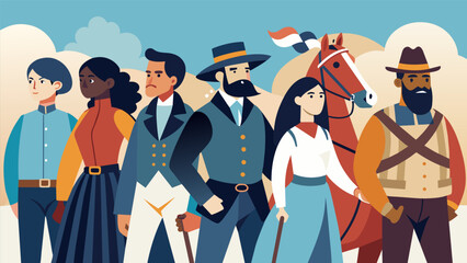 Wall Mural - Riders in vintage clothing and historic costumes paying homage to the ancestors who fought for freedom.. Vector illustration