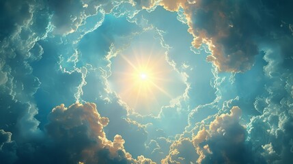 Wall Mural - Clouds with beautiful light background. Heaven image. Cloudy border, round frame, template. Sunny day. Peaceful nature image.