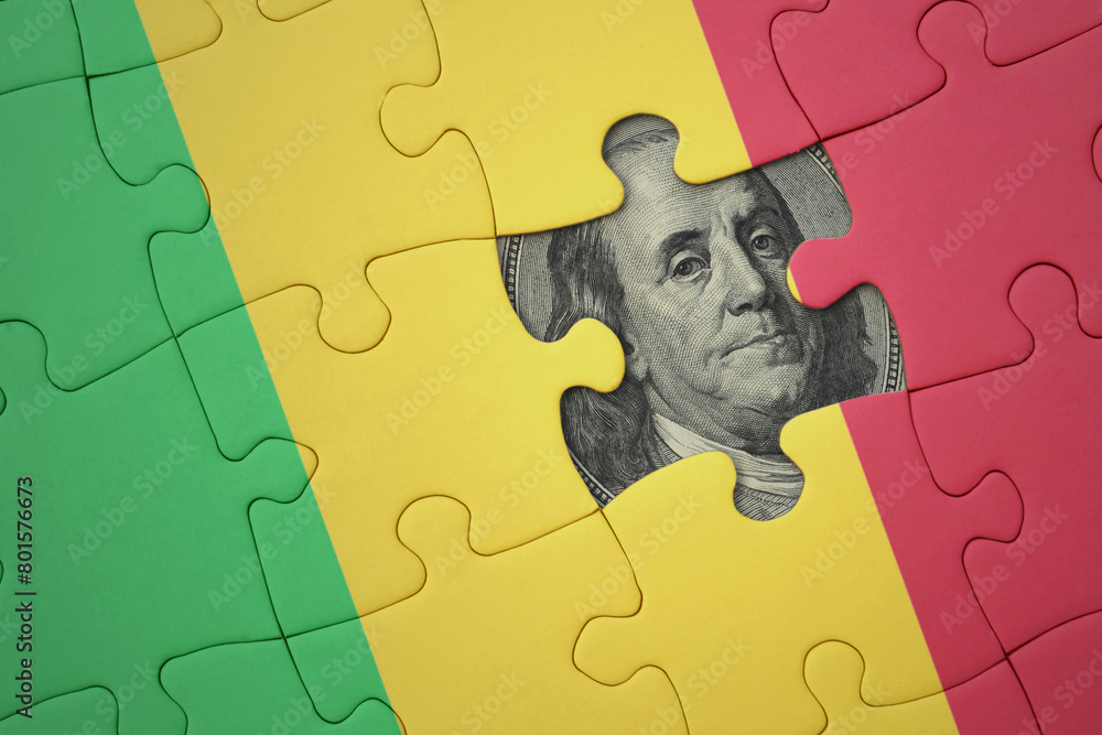 puzzle with the national flag of mali and usa dollar banknote. finance ...