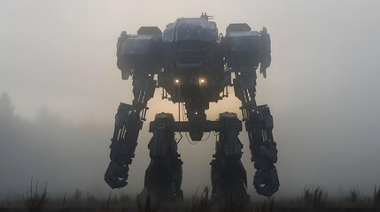 Wall Mural - a large robot standing in the middle of a foggy field