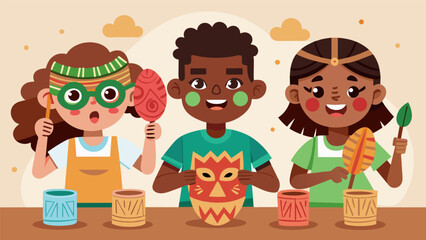Wall Mural - A group of children enthusiastically painting and decorating wooden masks with African patterns and symbols representing the diverse African cultures. Vector illustration