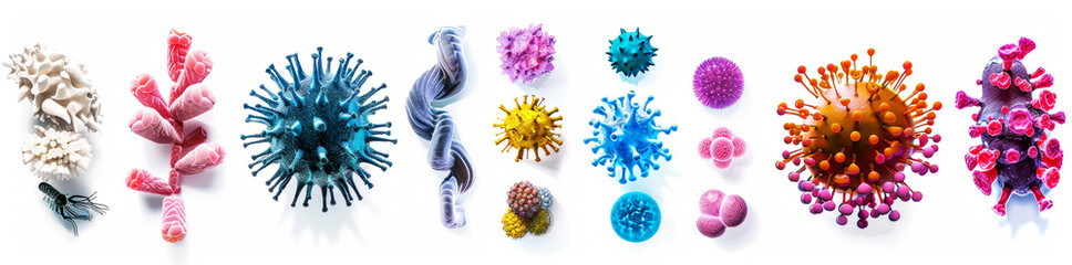  collection  of different microorganisms on white backgrounds