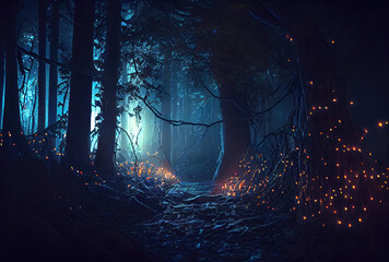 Dark spooky enchanted forest with glowing fairy light and fireflies. Generative AI
