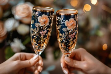 close-up of two hands holding intricately decorated champagne flutes with floral motifs