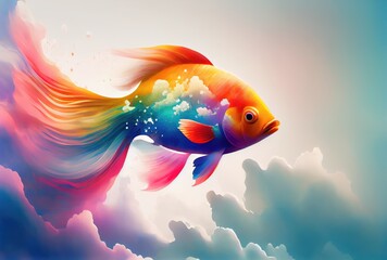 Rainbow color fish swimming in the sky with cloudy background. Generative AI
