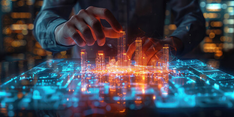 Businessman using holographic display to plan sustainable city, office environment, digital close-up photography