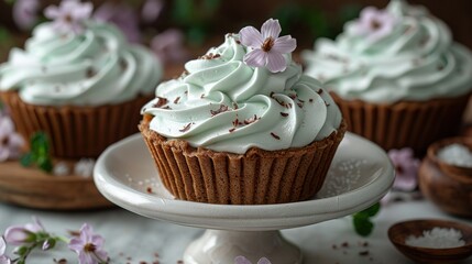 Sticker -   A cupcake close-up, adorned with frosting and flowers, surrounded by other cupcakes on a plate