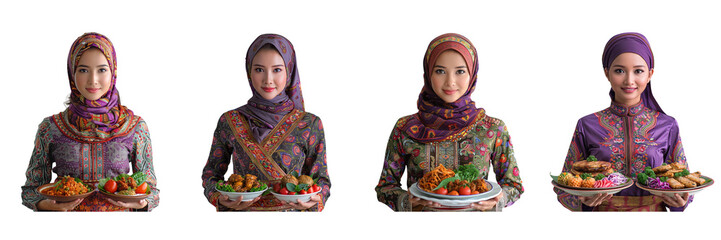 Wall Mural - Set of  A composition showcasing a Malay Muslim waitress in action, influenced on a transparent background