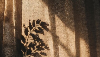 Wall Mural - natural warm neutral beige textile background with floral shadows abstract plant silhouette in sunset light on linen texture curtain