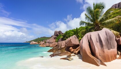 Wall Mural - granite rocks and palm trees on the scenic tropical sandy anse patates beach la digue island seychelles