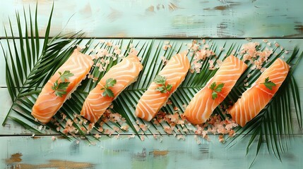 Sticker -  Fish on a leaf-adorned plate, surrounded by colorful flowers in a close-up