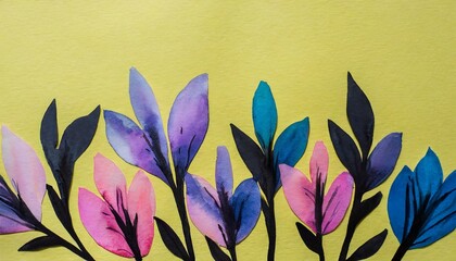 Wall Mural - abstract minimal flower leaves outlines in black on yellow background with pink blue and purple watercolor painted border design trendy modern botanical or floral art illustration with simple sketch