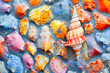 Colorful seashell collection on sandy background